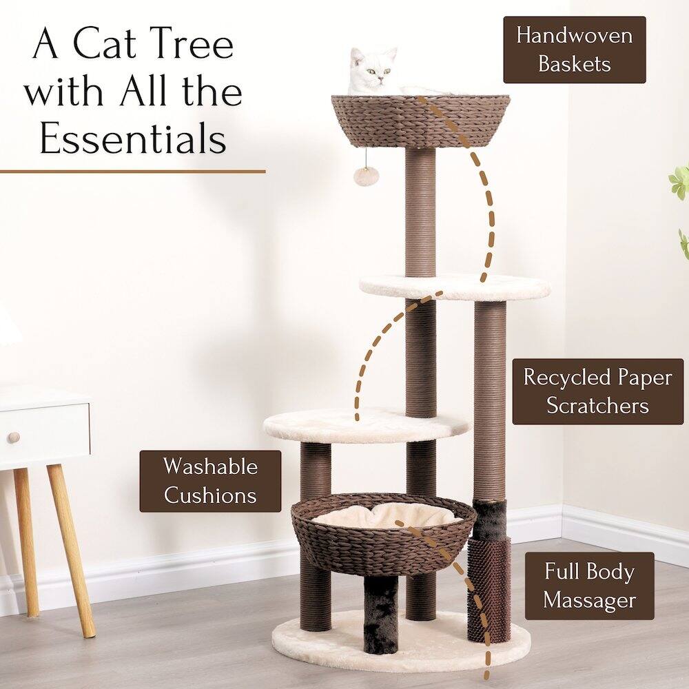 A Cat Tree with All the Essentials

- Handwoven Baskets
- Recycled Paper Scratchers
- Washable Cushions
- Full Body Massager