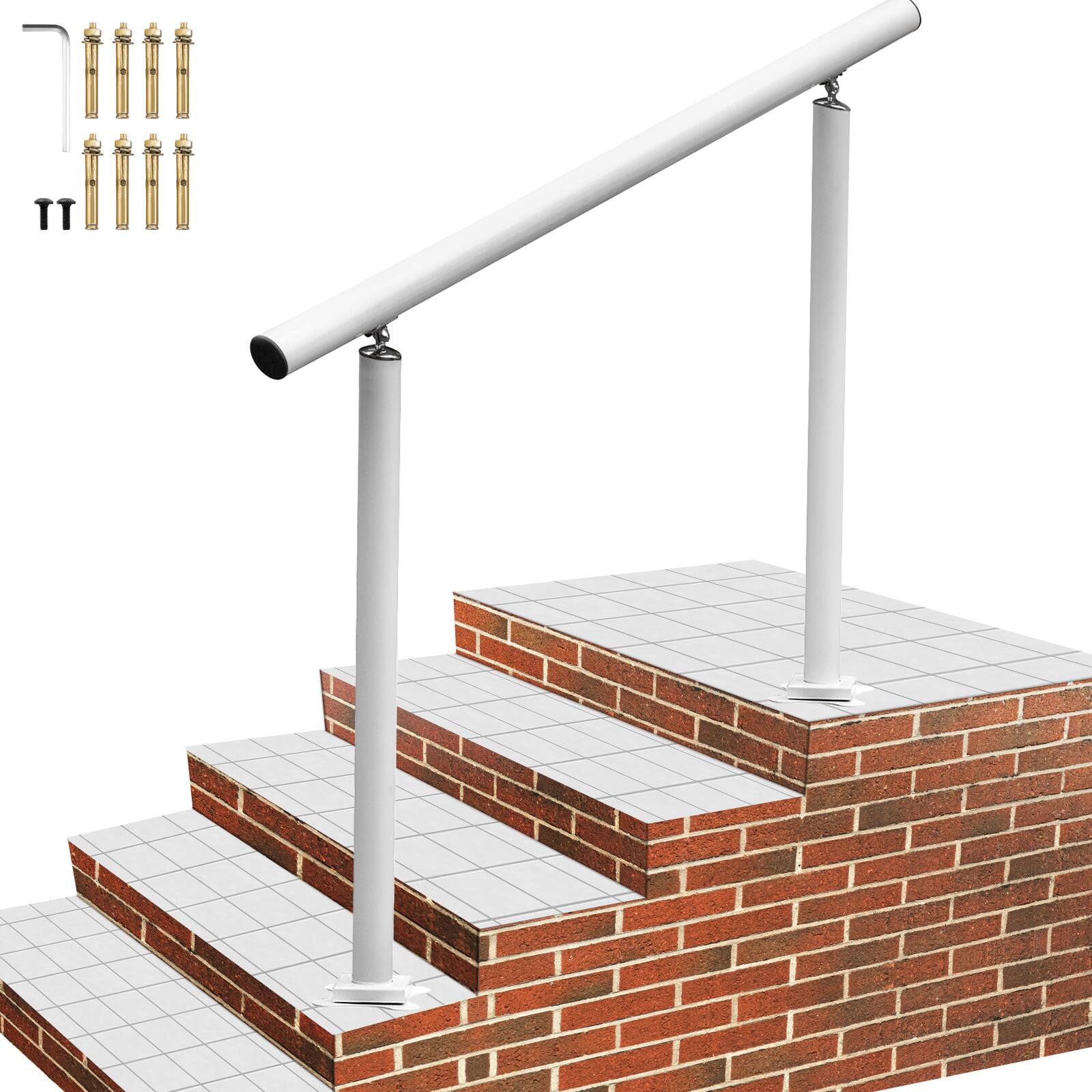 Front. VEVOR - Outdoor Stair Railing Kit, 4 FT Handrails 1-4 Steps, Adjustable Angle Aluminum Stair Hand Rail for The Elderly - White.