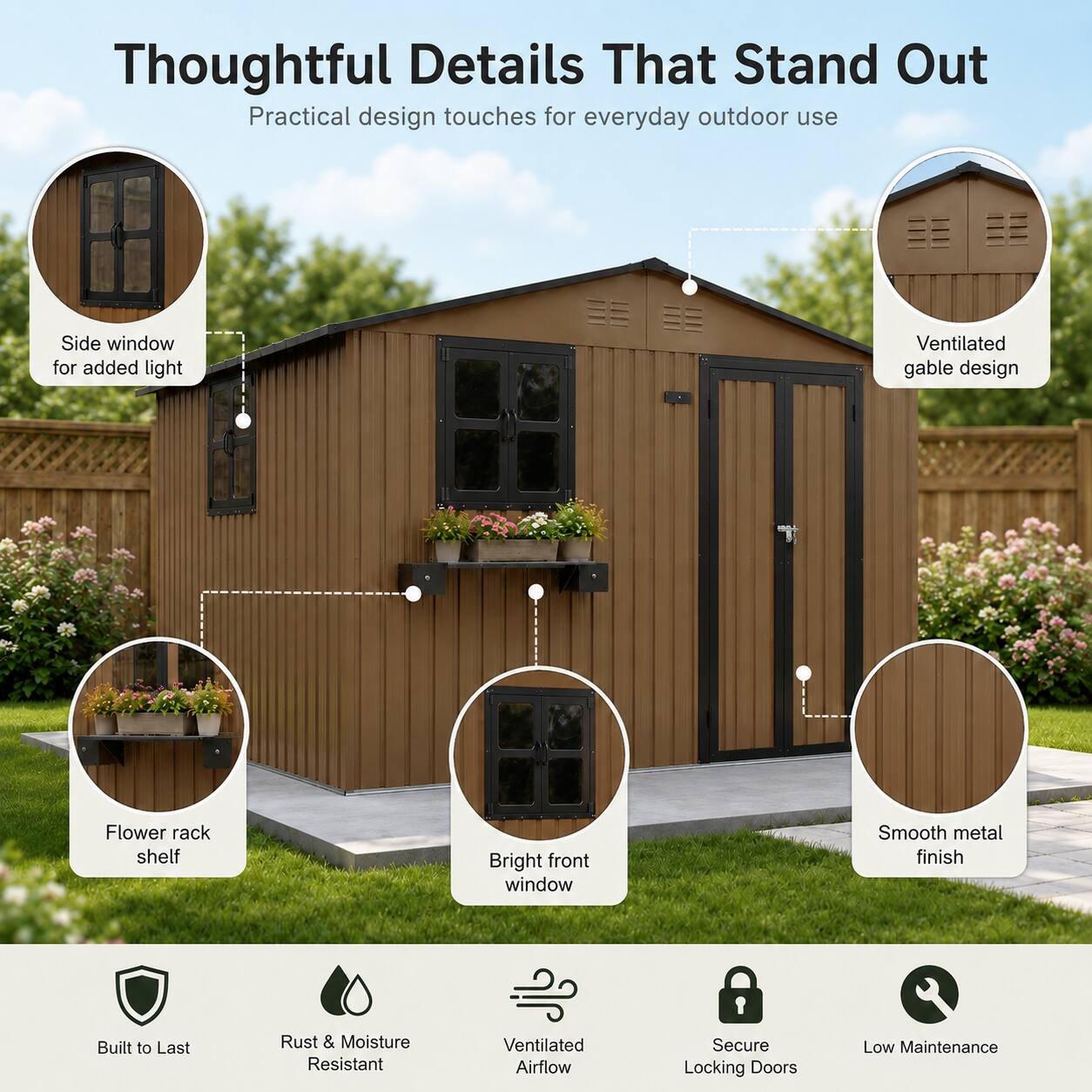 Thoughtful Details That Stand Out  
Practical design touches for everyday outdoor use  

- Side window for added light  
- Ventilated gable design  
- Flower rack shelf  
- Bright front window  
- Smooth metal finish  

Built to Last  
Rust & Moisture Resistant  
Ventilated Airflow  
Secure Locking Doors  
Low Maintenance