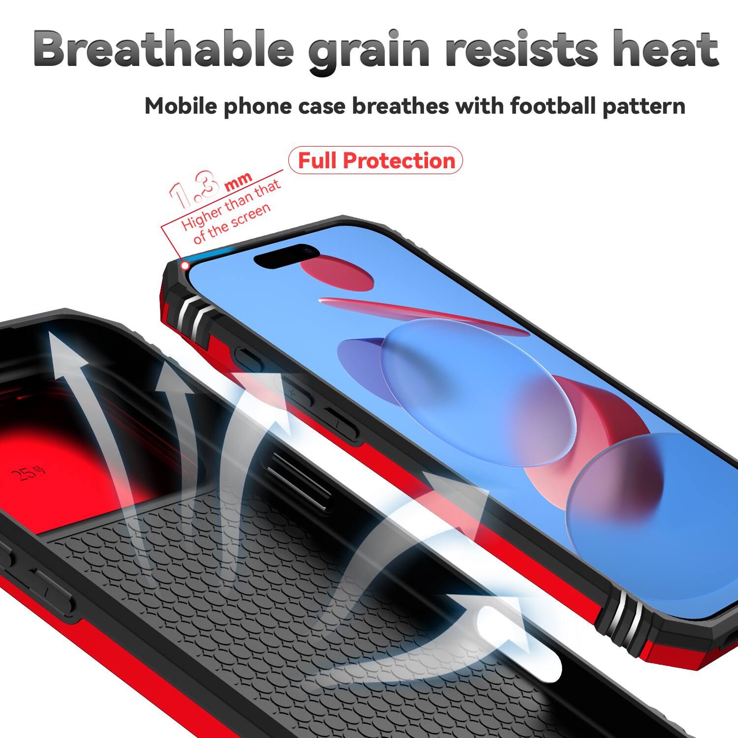 Breathable grain resists heat  
Mobile phone case breathes with football pattern  

Full Protection  
1.23 mm that than screen  
Higher than the screen  
25