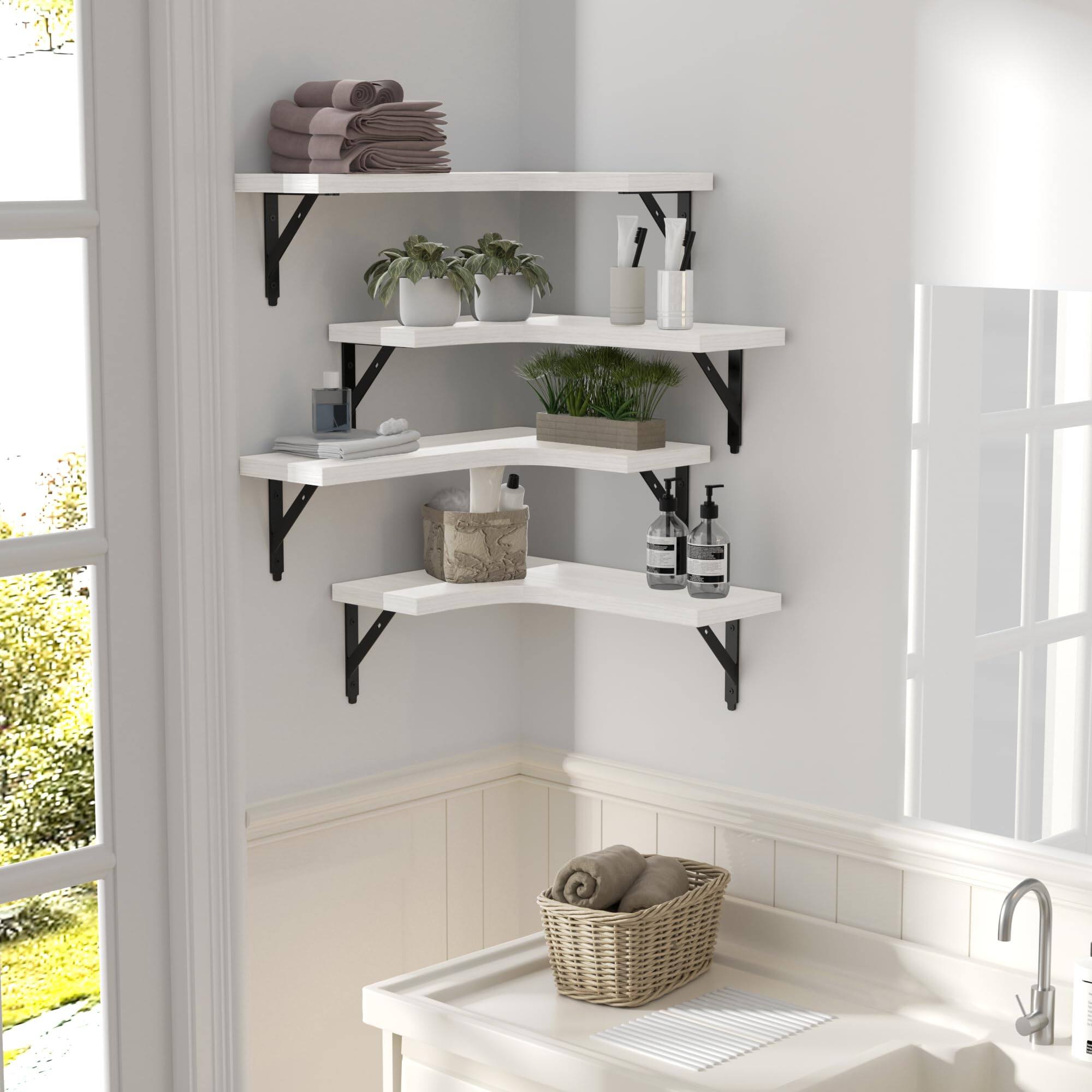 Alt View 2. Dazzed Corner - Corner Floating Shelves Wall Mounted Set of 4 - White.
