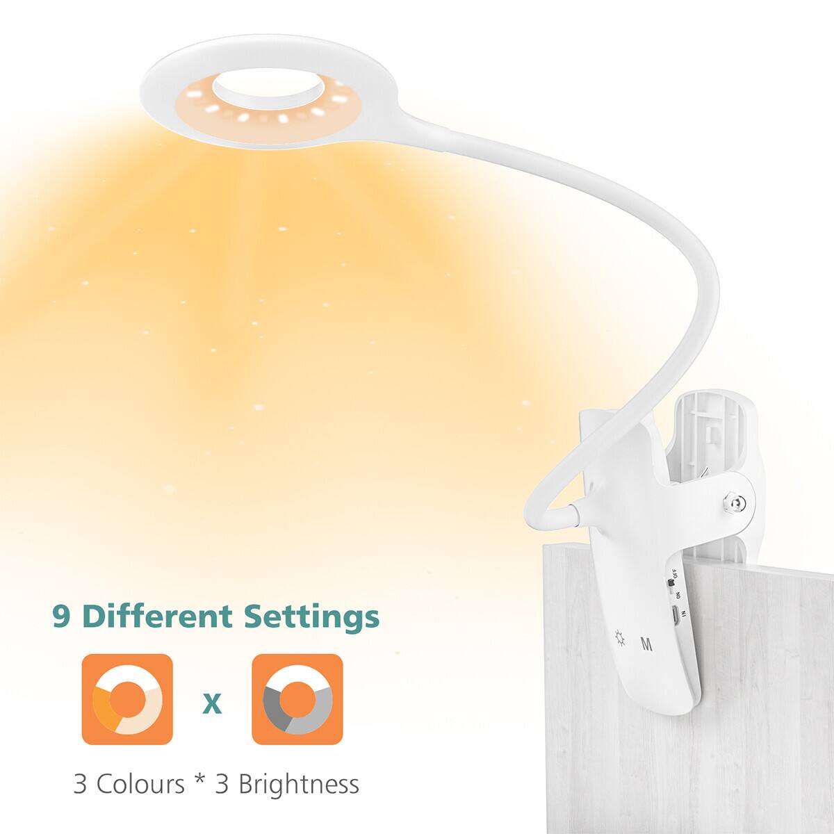 LENCENT 28 LED Desk Lamp Clip Reading Book Light USB Rechargeable Touch ...