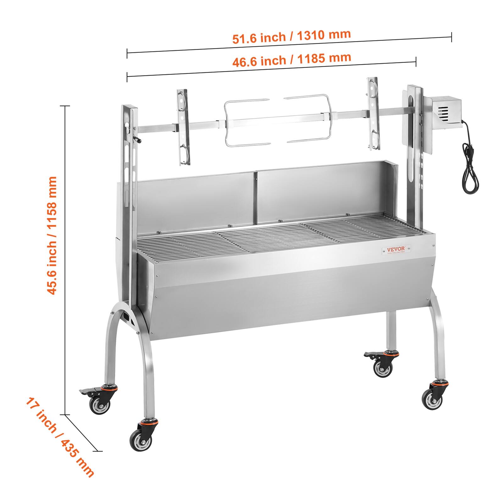 51.6 inch / 1310 mm, 46.6 inch / 1185 mm, 1158 inch, 45.6 inch, 17 inch / 435 mm