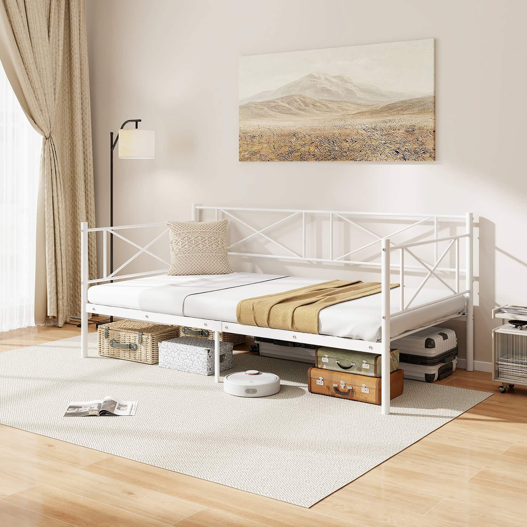 Front. Gymax - Gymax Twin Size Metal Daybed Modern Platform Bed w/ Heavy-duty Metal Slat Support White - White.
