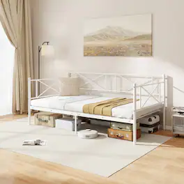 Gymax - Twin Size Metal Daybed Modern Platform Bed w/ Heavy-duty Metal Slat Support - White