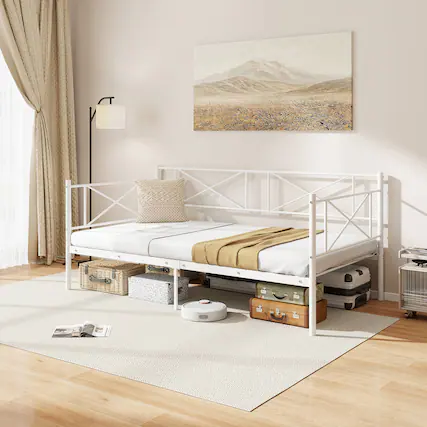 Front. Gymax - Gymax Twin Size Metal Daybed Modern Platform Bed w/ Heavy-duty Metal Slat Support White - White.