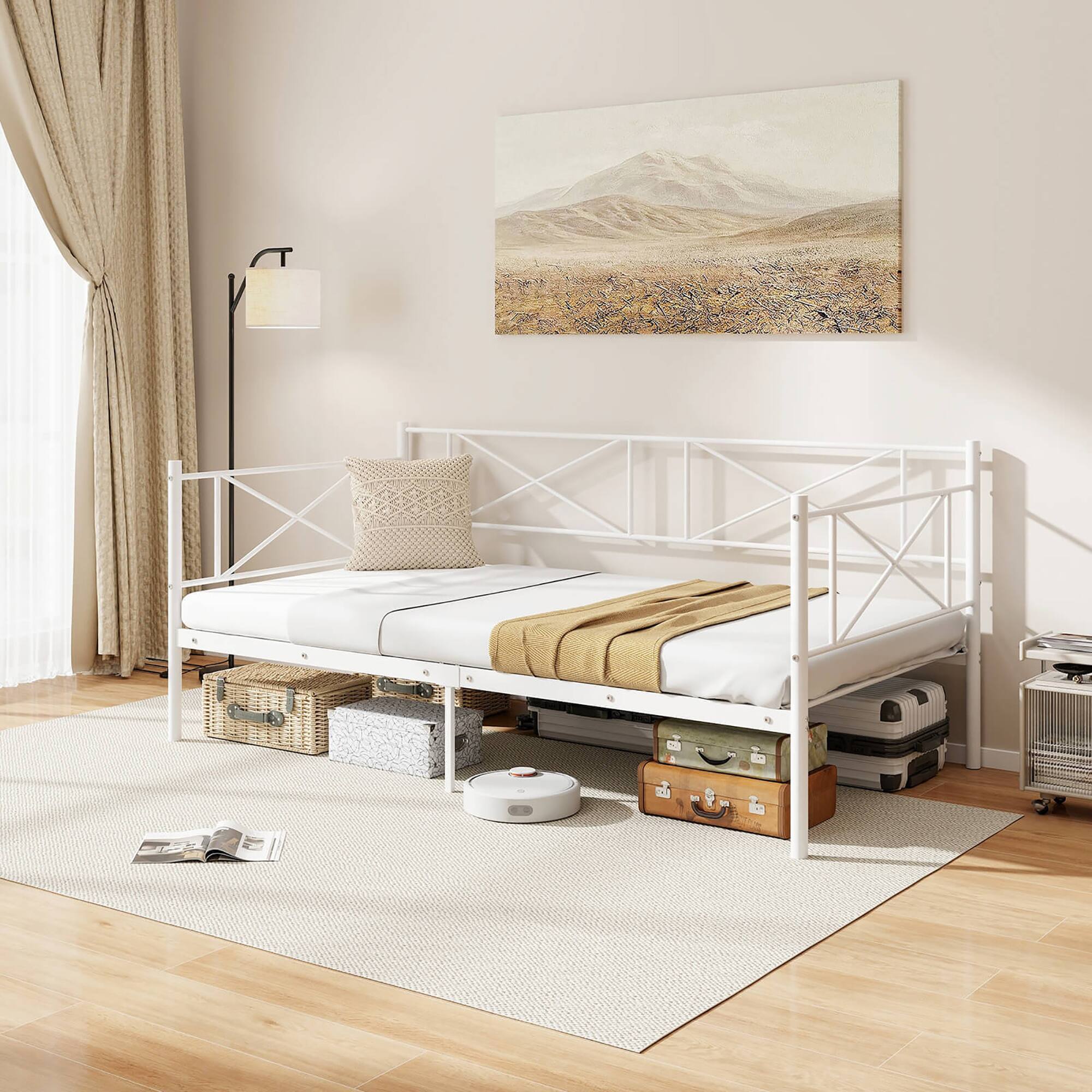 Front. Gymax - Gymax Twin Size Metal Daybed Modern Platform Bed w/ Heavy-duty Metal Slat Support White - White.