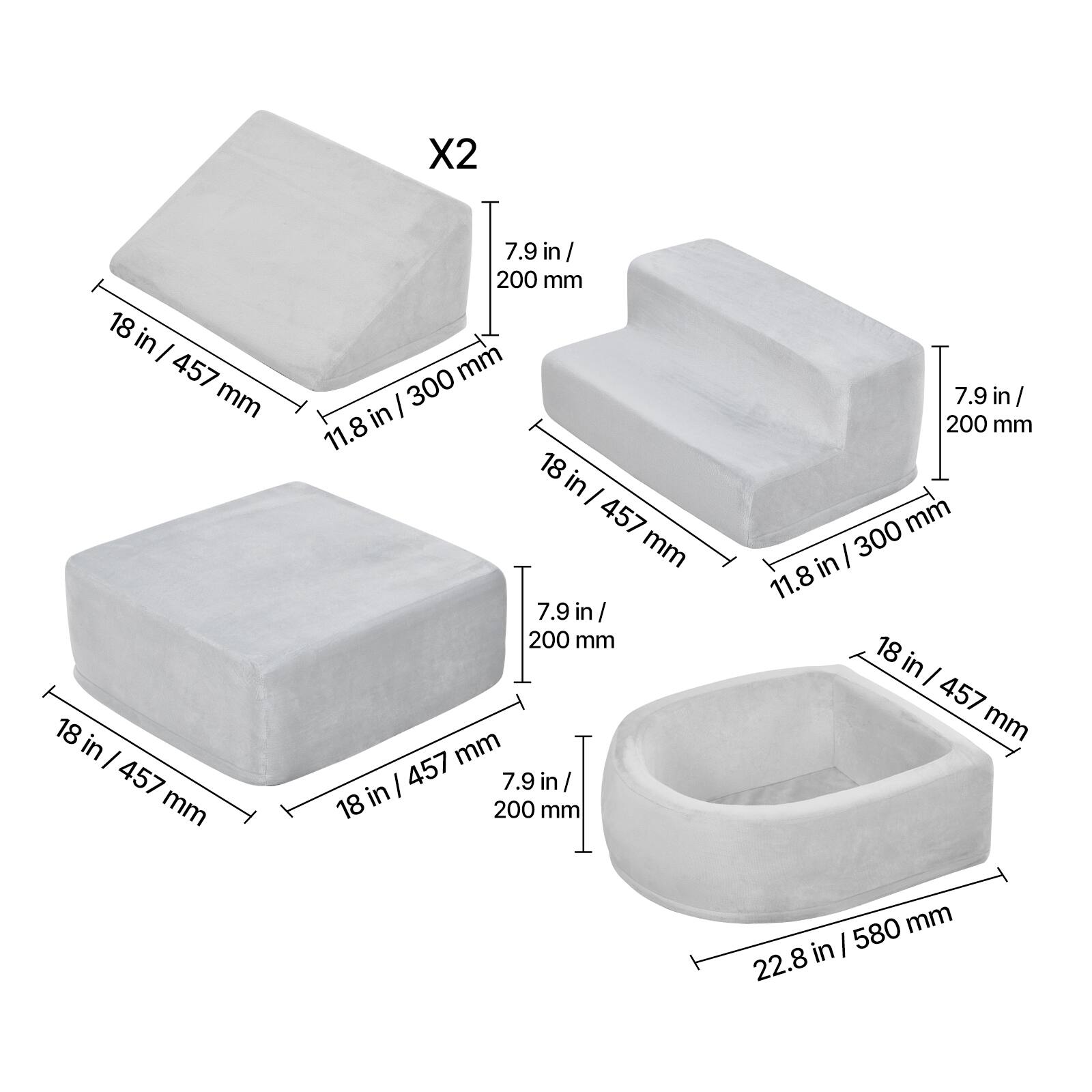 - 18 in / 457 mm
- 11.8 in / 300 mm
- 7.9 in / 200 mm
- 22.8 in / 580 mm