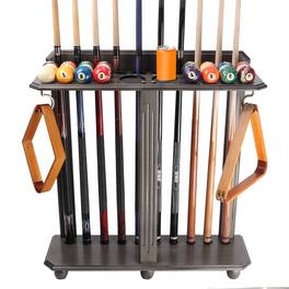 GSE Games & Sports Expert - Wood 10 Floor Stand Pool Cue Rack Only Holds Full Balls Set, Ball Racks, Drink Holders - Silver Mist