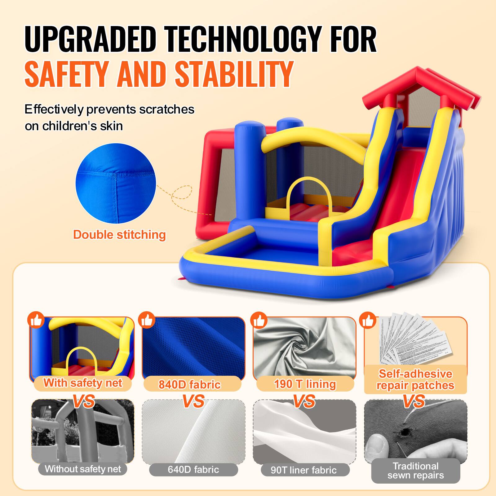 **UPGRADED TECHNOLOGY FOR SAFETY AND STABILITY**

Effectively prevents scratches on children's skin

- Double stitching
- With safety net: 840D fabric, 190T lining
- Self-adhesive repair patches
- Without safety net: 640D fabric, 90T liner fabric
- Traditional sewn repairs