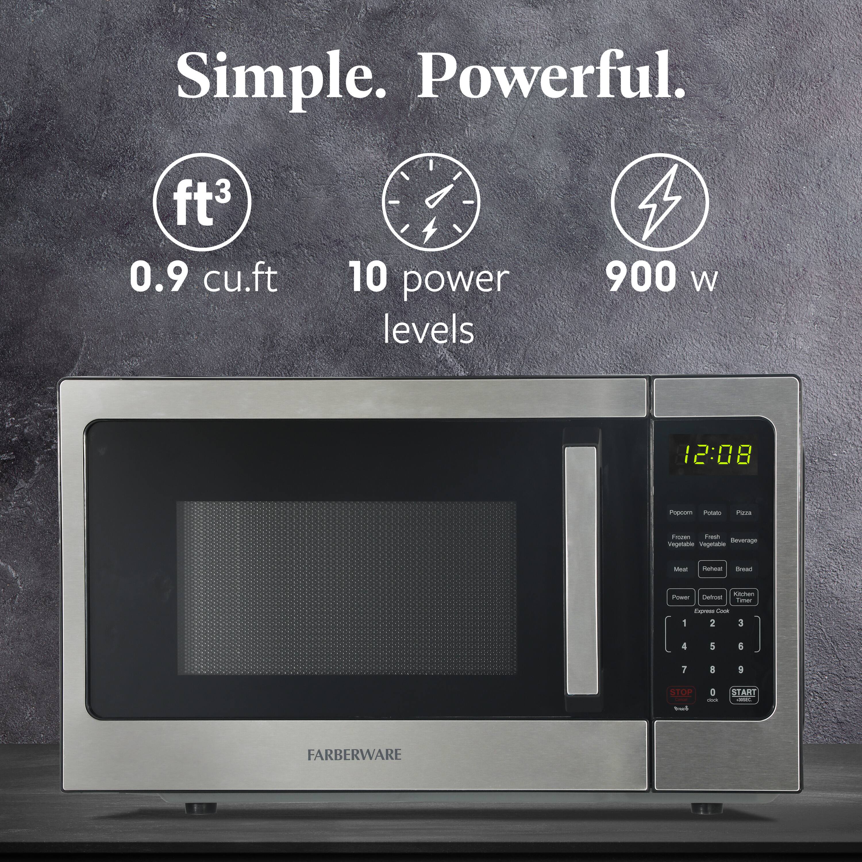 Simple. Powerful.  
0.9 cu.ft  
10 power levels  
900 W  
12:08  
Popcorn  
Potato  
Pizza  
Frozen  
Fresh  
Vegetable  
Beverage  
Meat  
Reheat  
Bread  
Power  
Defrost  
Kitchen  
Express Cook  
1  
2  
3  
4  
5  
6  
7  
8  
9  
STOP  
0  
START  
FARBERWARE