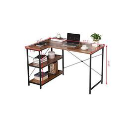 JJS - L-Shaped Home Office Corner Writing Computer Desk With Build-In Bookcase - Rustic Brown