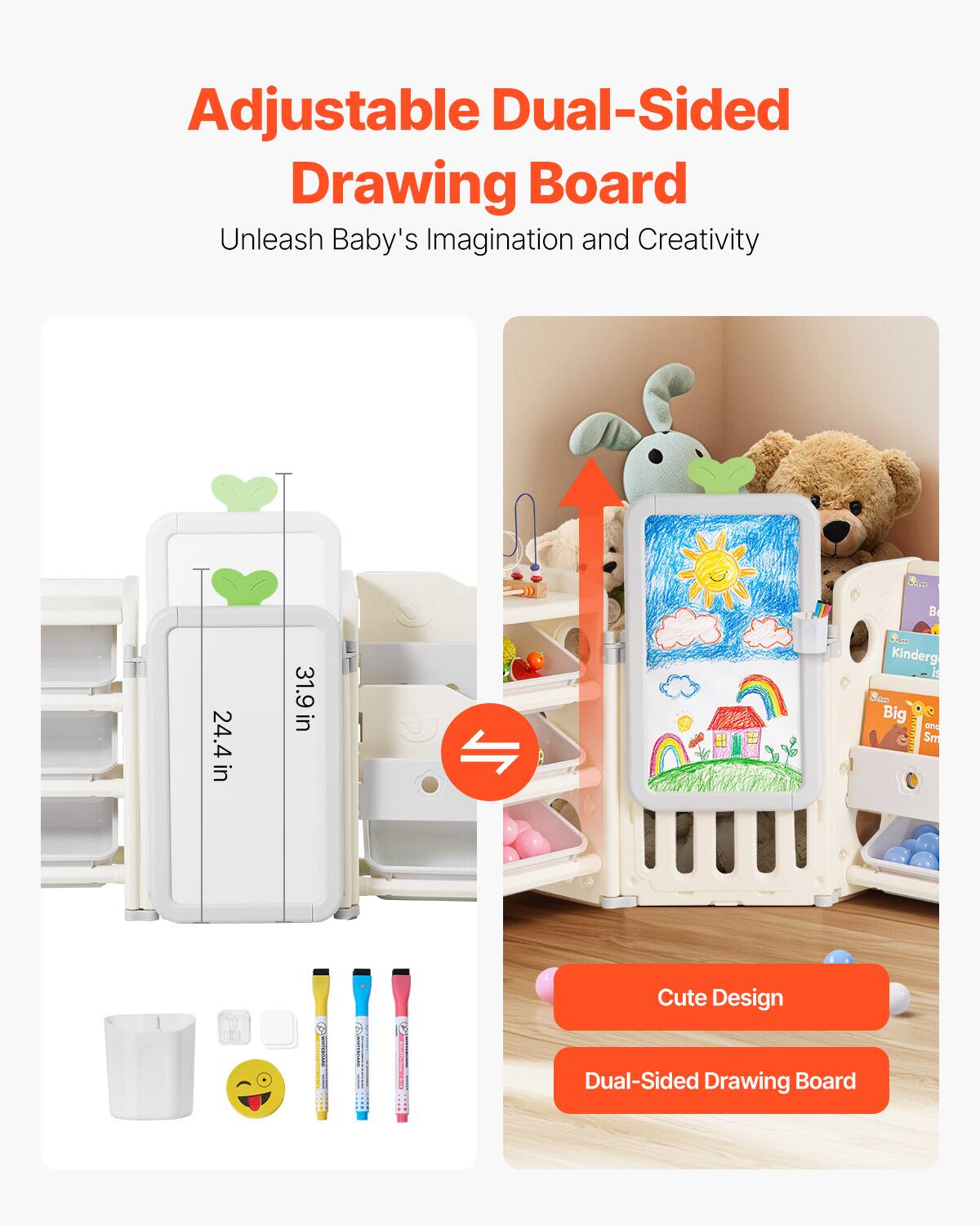 Adjustable Dual-Sided Drawing Board: Unleash Baby's Imagination and Creativity. 

Size: 24.4 in x 31.9 in. 

Suitable for Kindergarten (5-6 years). 

Features: Cute Design, Dual-Sided Drawing Board.