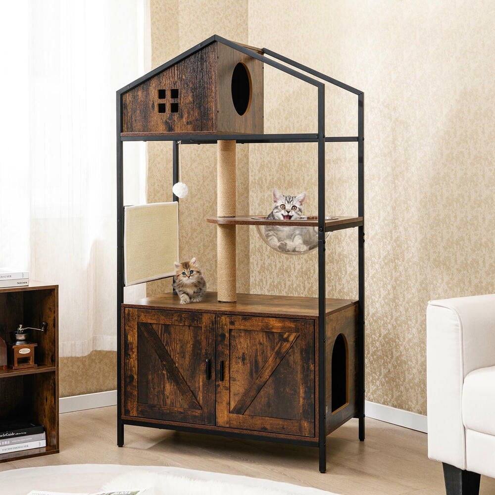 Alt View 4. Kadyn - Cat Tree with Integrated Litter Box Enclosure and Multi-Level Condo, Rustic Brown - Brown.