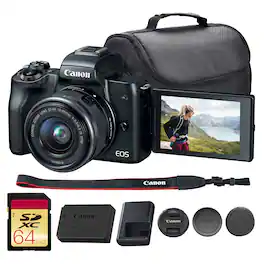 Canon - EOS M50 Mirrorless Camera with 15-45mm Lens (Black) (2680C011) + 64GB Card + Bag