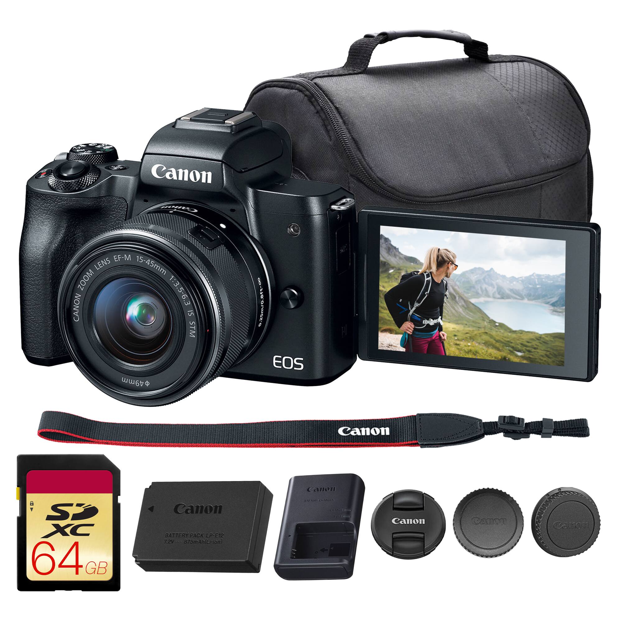 Canon A EF-M LENS 15-45mm ZOOM 1:3.5-6.3 CANON IS STM 49mm / .8 EOS Canon a 1 SD XC 64GB GB Canon BATTERY PACK 1 22V OANCHa cann Canon CemoT catoa
