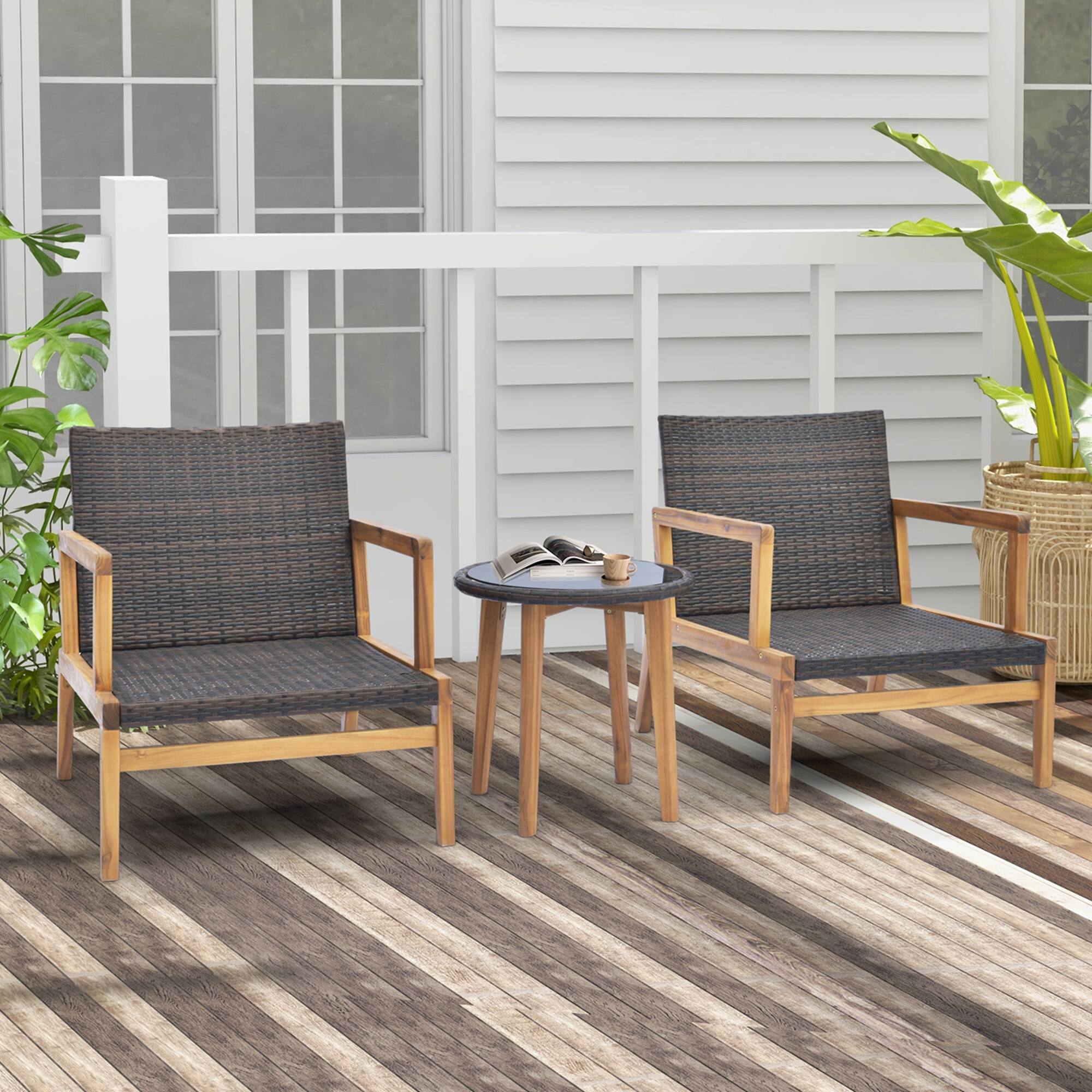 Alt View 4. Costway - Costway 3 PCS Outdoor Furniture Set with Cushioned Chairs and Tempered Glass Side Table - Mix Brown,Off White.