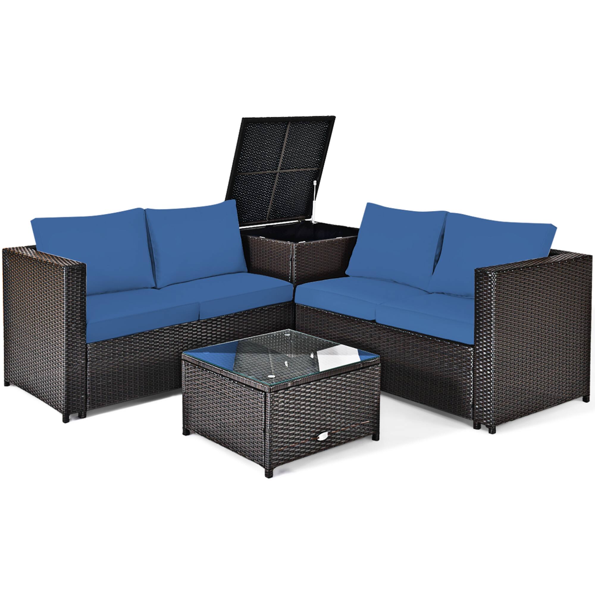 Alt View 1. Gymax - Gymax 4PCS Cushioned Rattan Patio Conversation Set w/ Side Table Navy Cushion - Brown.