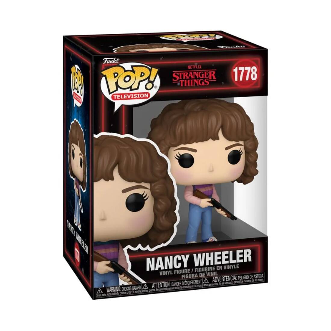 Sure, here is the corrected and grouped text from the image:

---

**Top Left:**
- Funko
- POP!
- TELEVISION

**Top Center:**
- NETFLIX
- STRANGER THINGS
- 1778

**Center:**
- NANCY WHEELER
- VINYL FIGURE / FIGURINE EN VINYLE / FIGURA DE VINIL

**Bottom Left:**
- WARNING: CHOKING HAZARD - Small parts. Not for children under 3 years.
- ATTENTION: PELIGRO DE ASFIXIA - Piezas pequeñas. No es para menores de 3 años.

**Bottom Center:**
- ADVERTENCIA: PELIGRO DE ASFIXIA - Piezas pequeñas. No es para menores de 3 años.

**Bottom Right:**
- Funko

---