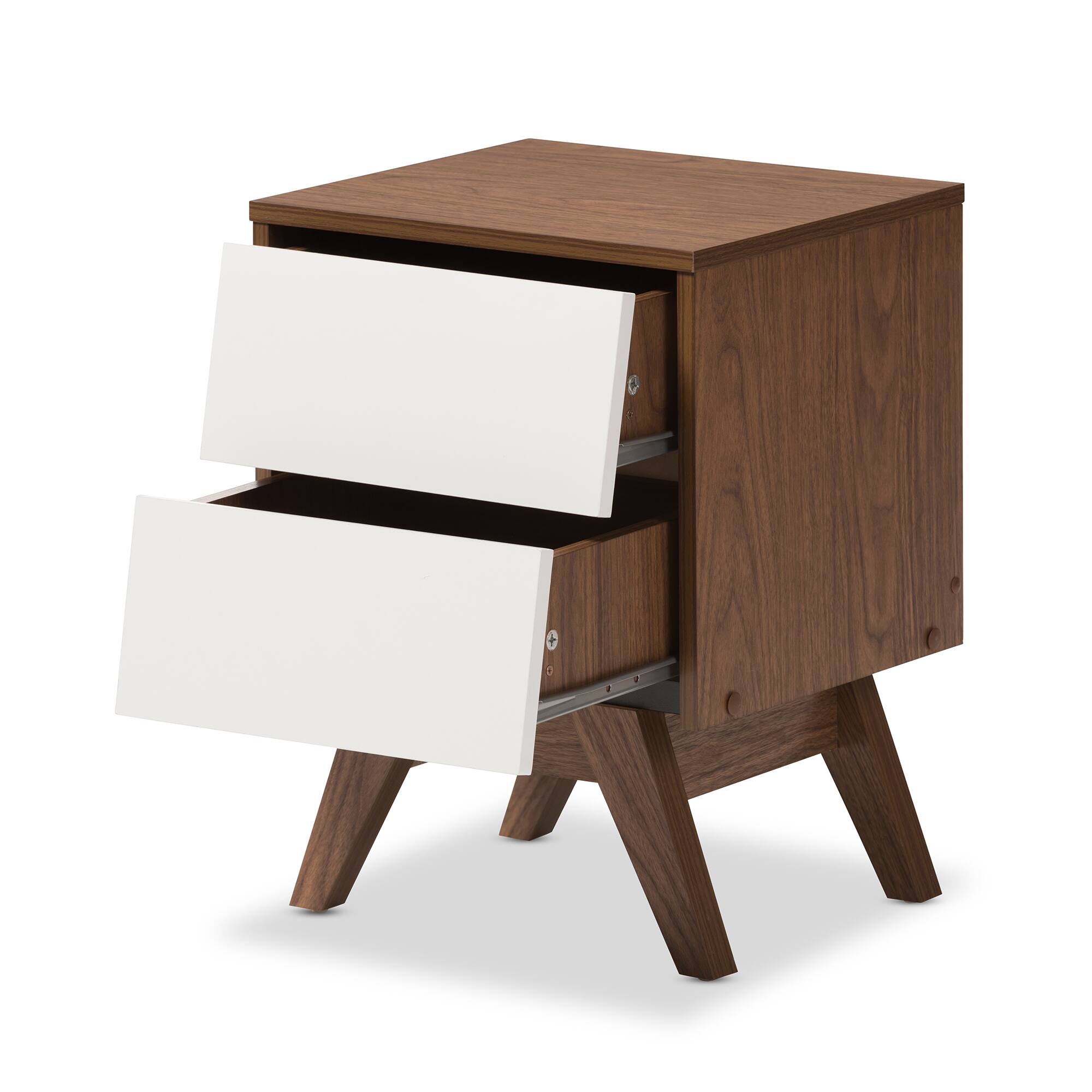 Angle. Baxton Studio - Hildon Mid-Century Modern Wood 2-Drawer Storage Nightstand - White/"Walnut" Brown.