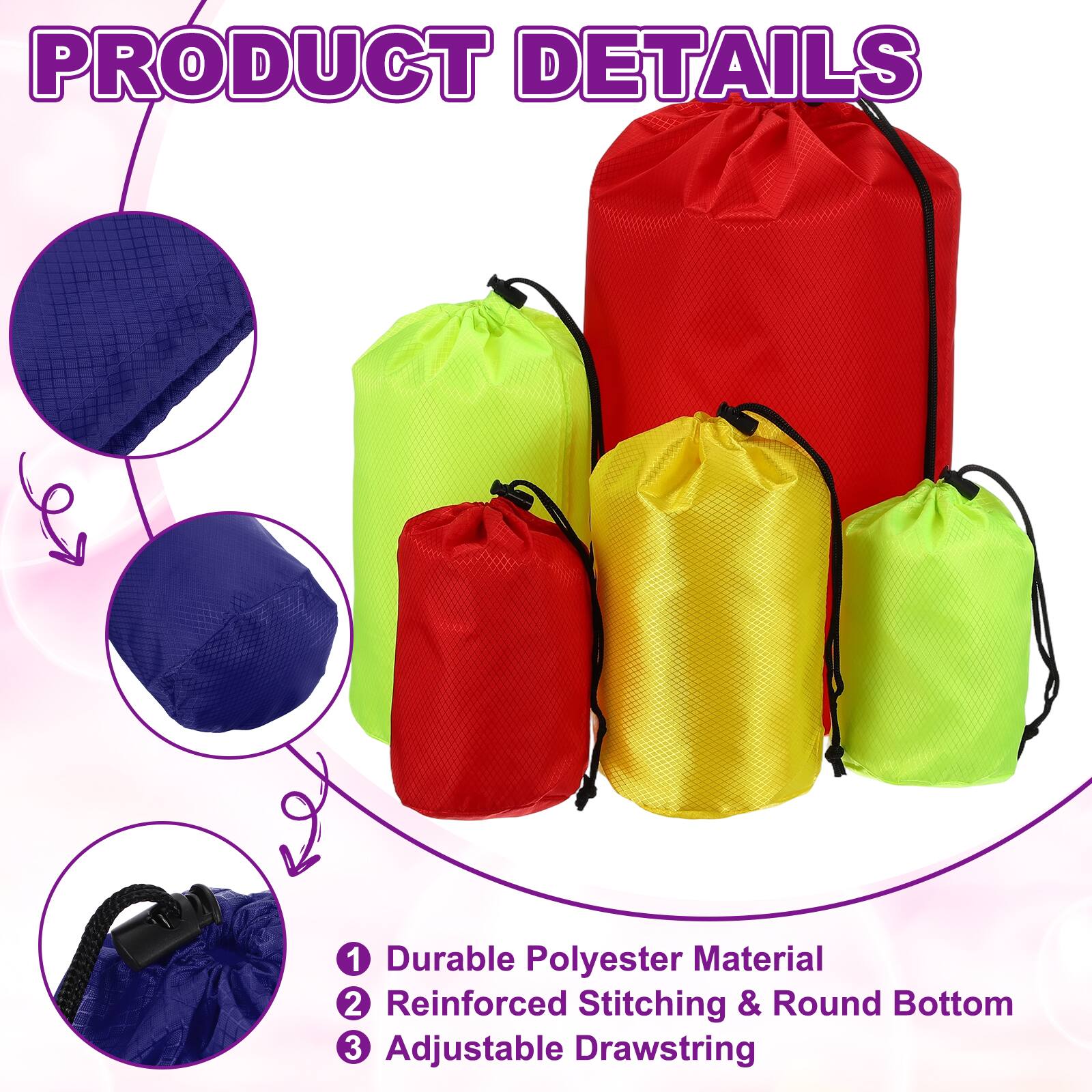 PRODUCT DETAILS

1. Durable Polyester Material
2. Reinforced Stitching & Round Bottom
3. Adjustable Drawstring