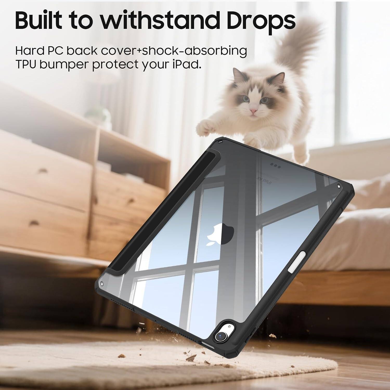 Built to withstand Drops  
Hard PC back cover+shock-absorbing TPU bumper protect your iPad.