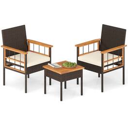 Costway - 3 PCS Wicker Furniture Set with Acacia Wood Tabletop Armrests Cushions for Backyard - Mix Brown+Off-White