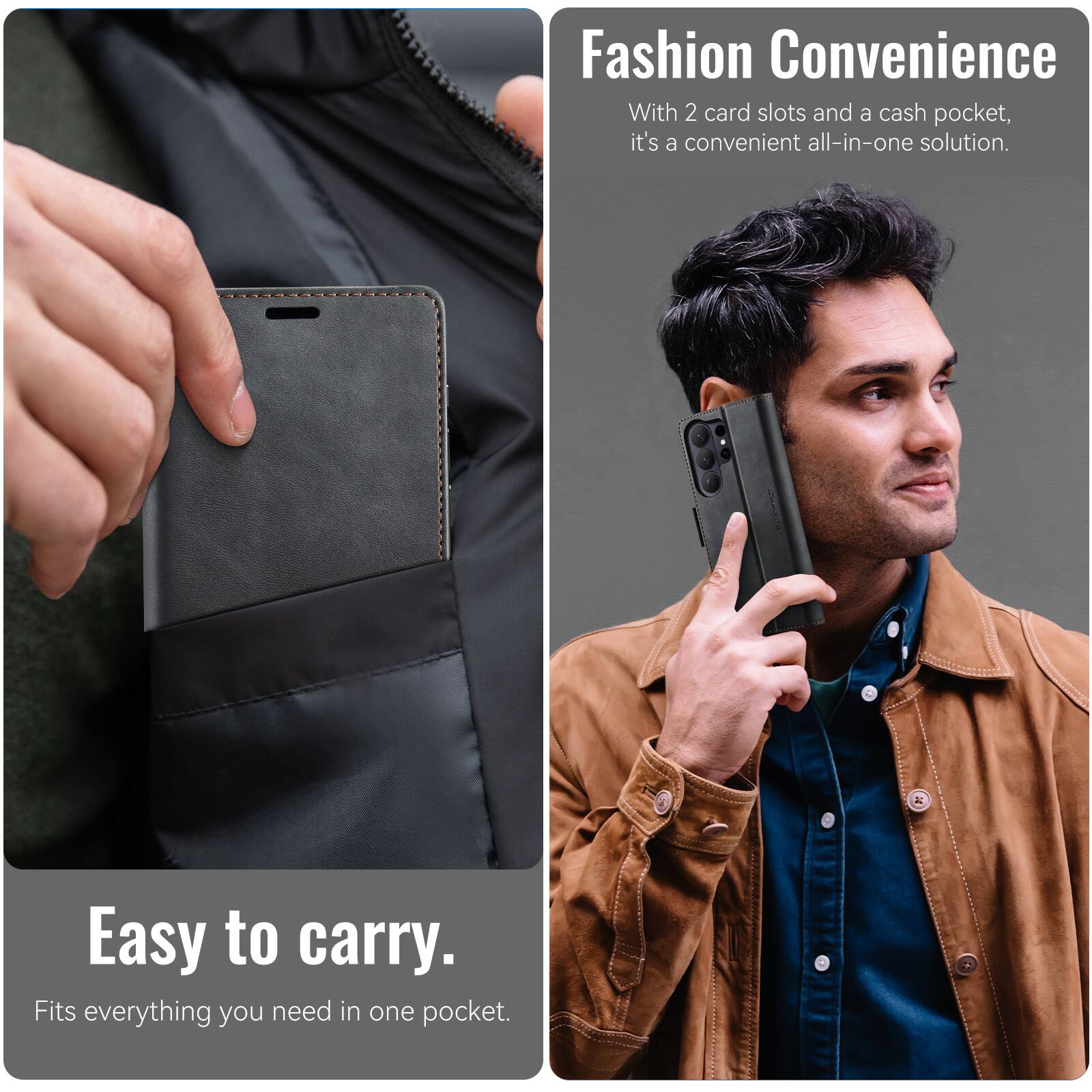 Fashion Convenience

With 2 card slots and a cash pocket, it's a convenient all-in-one solution.

Easy to carry.

Fits everything you need in one pocket.