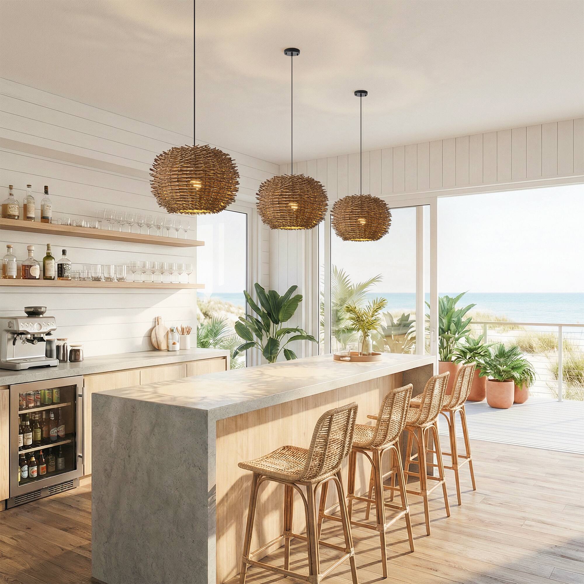 Alt View 1. Vaczon - Rattan Bird’s Nest Pendant /Flush Mount Light, Unique Irregular Shape, Wicker Shade, Boho Chic Ceiling Lighting - Natural Rattan.