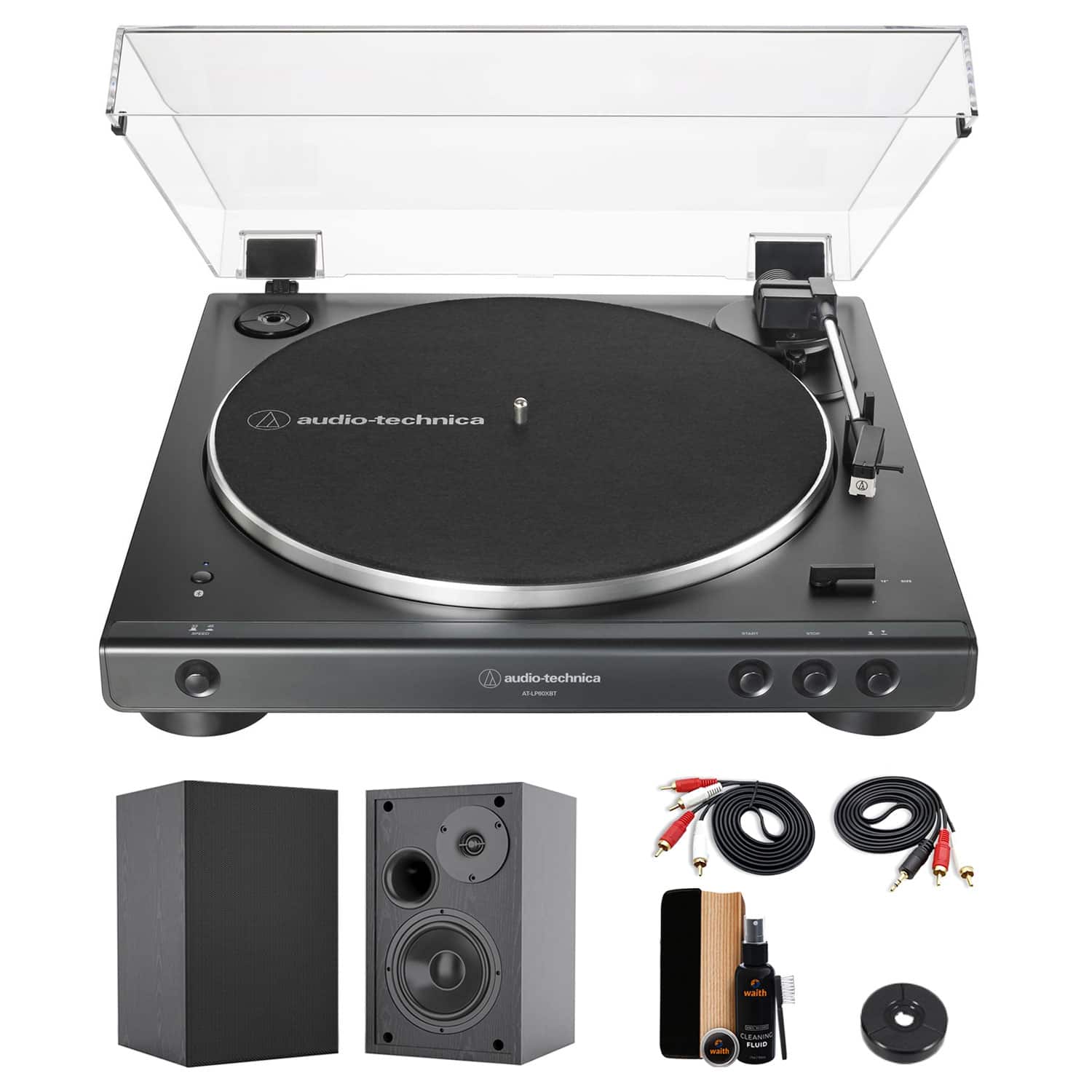 Audio-Technica - AT-LP60XBT Fully Automatic Bluetooth Belt-Drive Turntable (Black) +Bookshelf Speakers & More (Bundle)