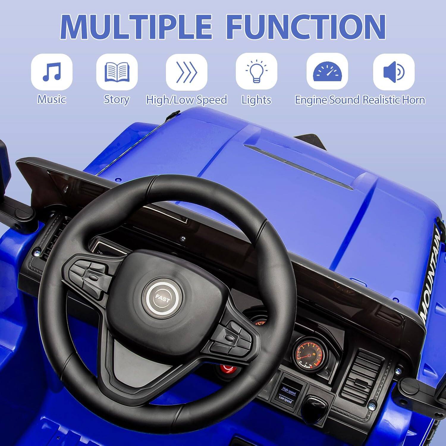 MULTIPLE FUNCTION

- Music
- Story
- High/Low Speed
- Lights
- Engine Sound Realistic Horn