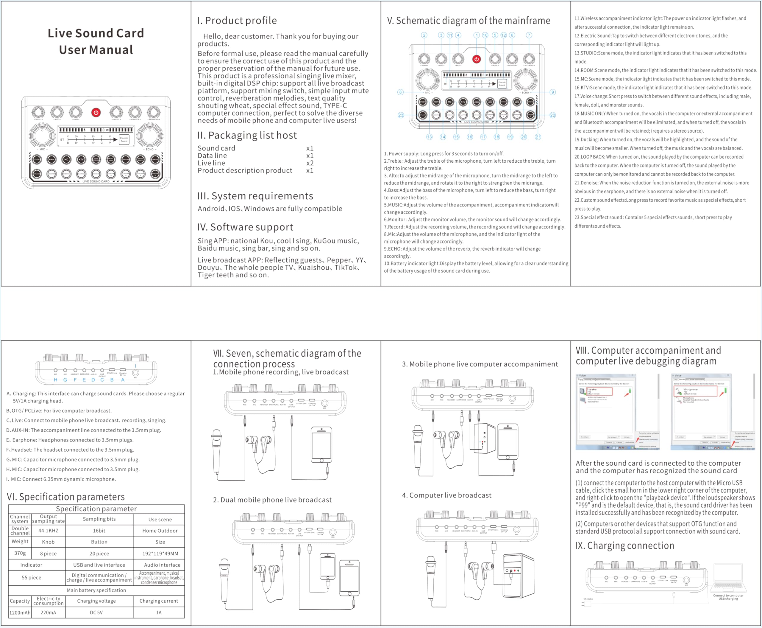 **Live Sound Card User Manual**

---

**I. Product profile**

Hello, dear customer. Thank you for buying our products. Before formal use, please read the manual carefully to ensure the correct use of this product and the proper preservation of the manual. This product is a professional singing mixer, built-in digital DSP chip, support all live broadcast platforms, support mixing mute, simple mute control, reverberation melodies, quality shouting wheat, special effect sound, TYPE-C computer connection, perfect solve diverse needs of mobile phone and computer live users!

---

**II. Packaging list host**

- Sound card x 1
- Live line x 2
- Schematic diagram x 1

---

**III. System requirements**

Android, iOS, Windows are fully compatible

---

**IV. Software support**

Sing national Kou, cool sing, KuGou music, Baidu music, sing bar, singing and so on. Live broadcast APP: Reflecting guests, Pepper, YY, Douyu, The whole people TV, Kuaishou, TikTok, Tiger teeth and so on.

---

**V. Schematic diagram of the mainframe**

1. Power supply: Press the green switch for 2 seconds to turn on.
2. Adjust the volume of the