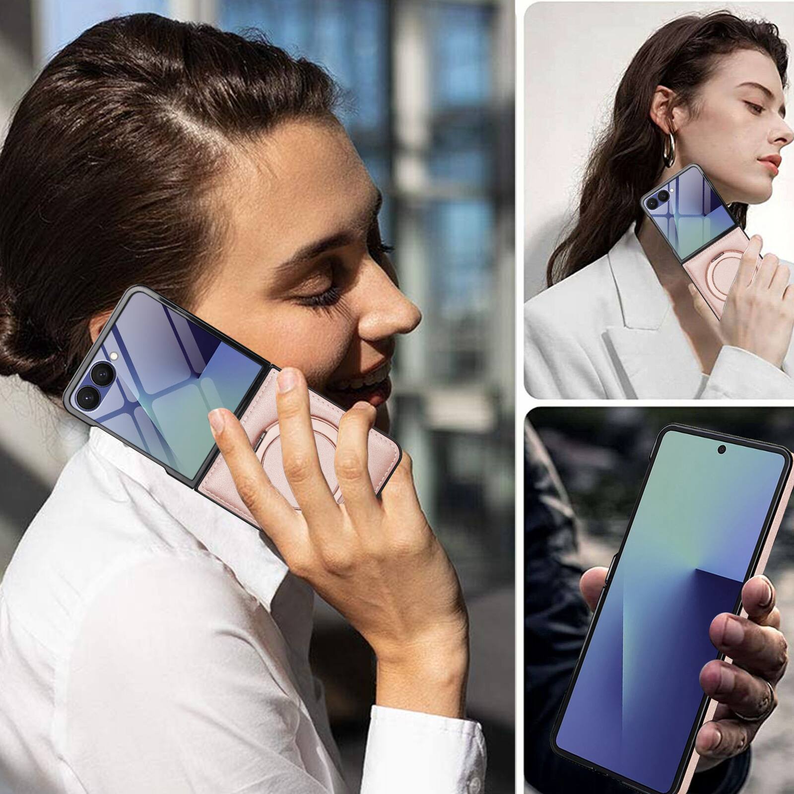 Alt View 4. Dteck - Magnetic Case for Samsung Galaxy Z Flip7,360° Ring Kickstand Built-in Screen Protector Faux Leather Shockproof Cover - Rosegold.