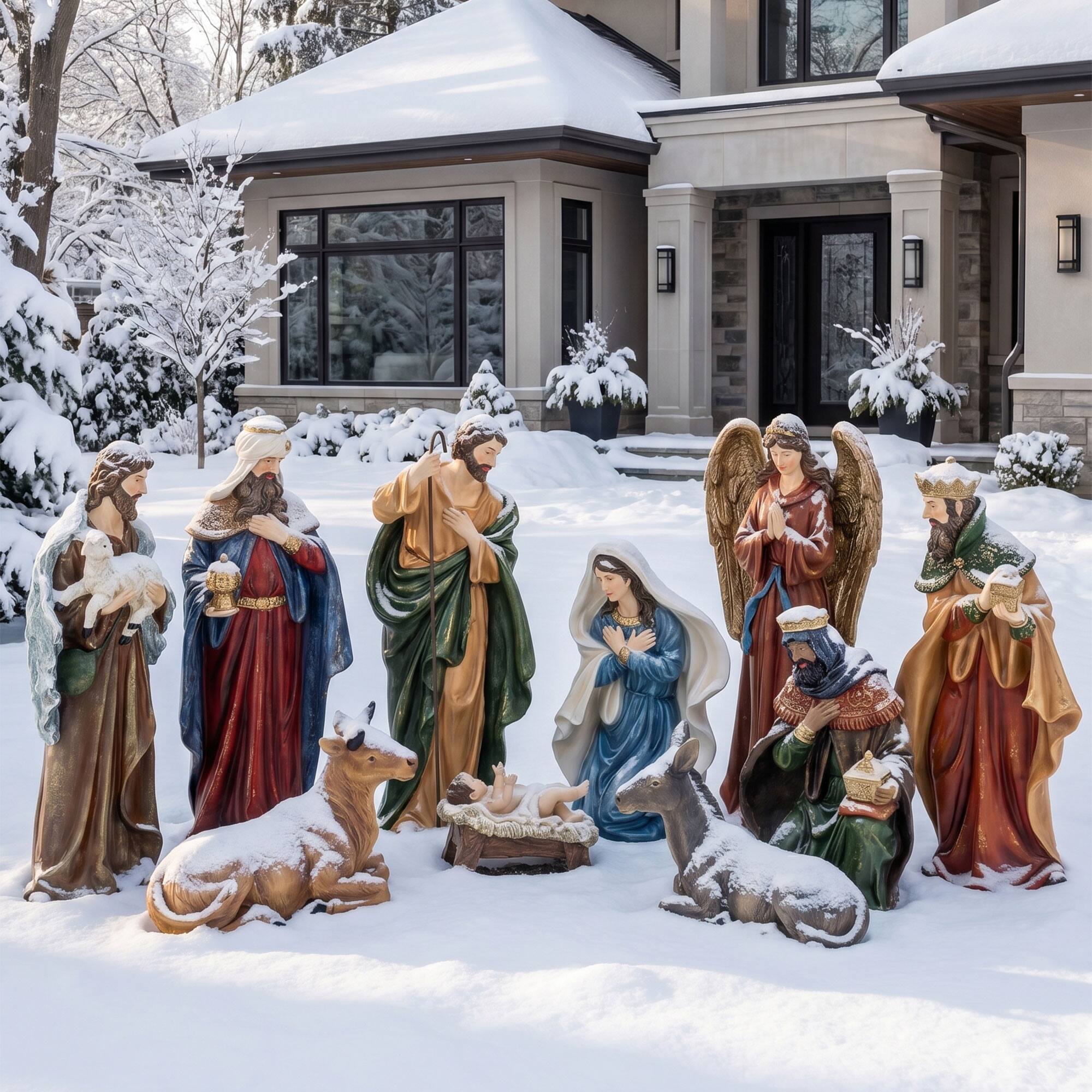 Front. Glitzhome - 23.75"H Majestic Oversized Resin Nativity Figurine Set - Multi-Colored.