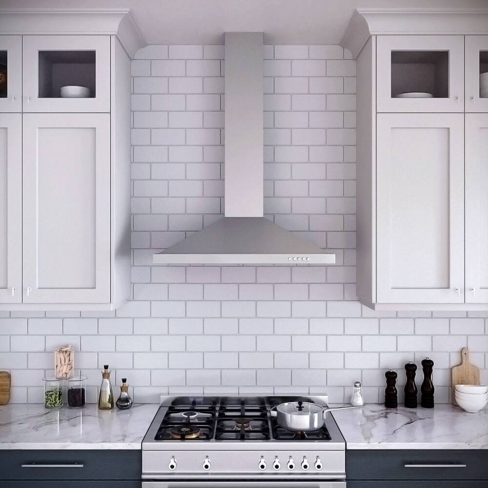 Left. Streamline - 36 in. Patria Convertible Wall Mount 220 CFM Range Hood, Baffle Filters, Push Button Control, LED Light - Brushed Stainless Steel.