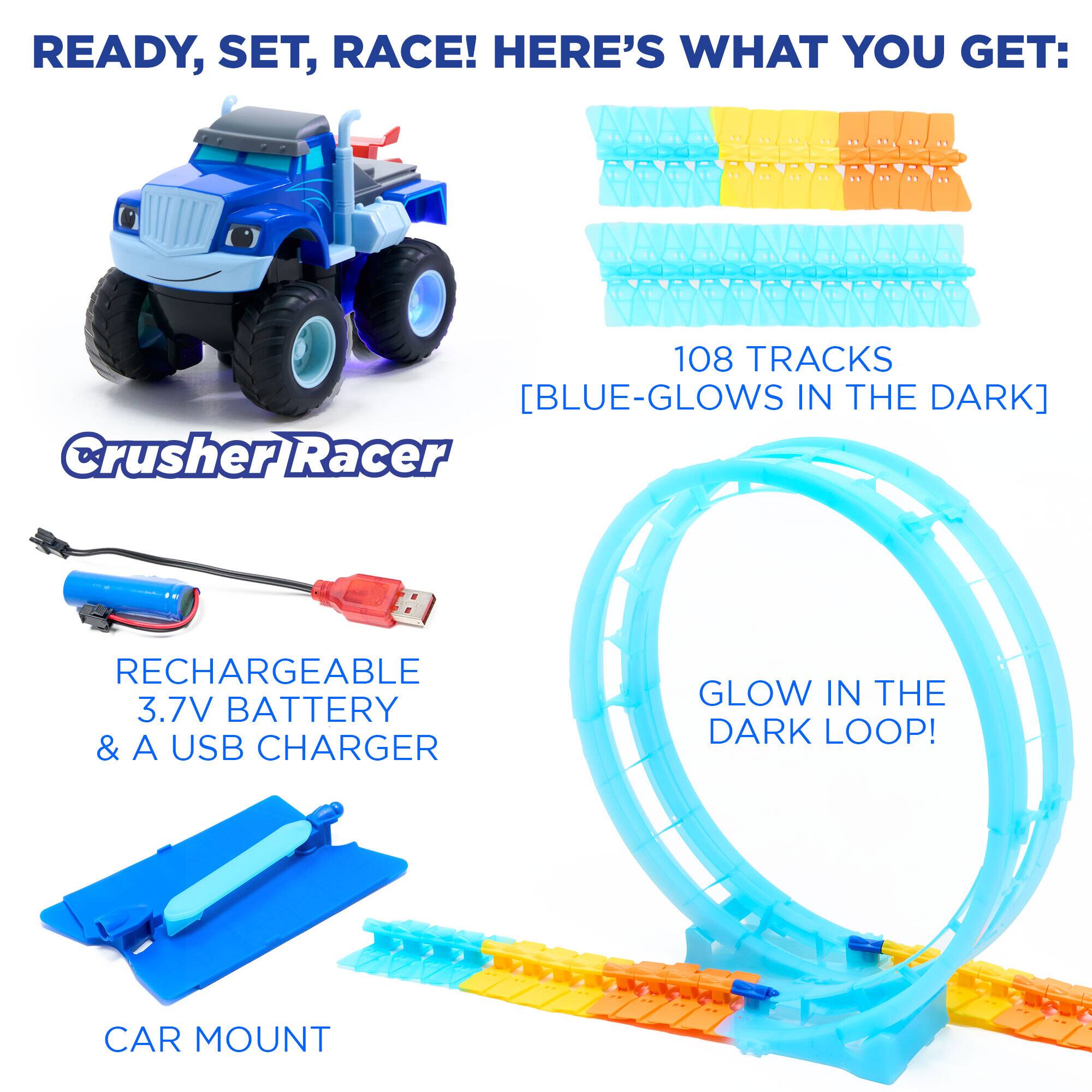 READY, SET, RACE! HERE'S WHAT YOU GET:

- 108 TRACKS [BLUE-GLOWS IN THE DARK]
- RECHARGEABLE 3.7V BATTERY & A USB CHARGER
- GLOW IN THE DARK LOOP!
- CAR MOUNT