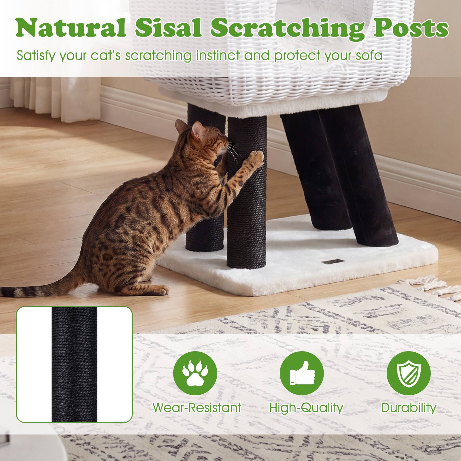 Natural Sisal Scratching Posts  
Satisfy your cat's scratching instinct and protect your sofa  

Wear-Resistant  
High-Quality  
Durability