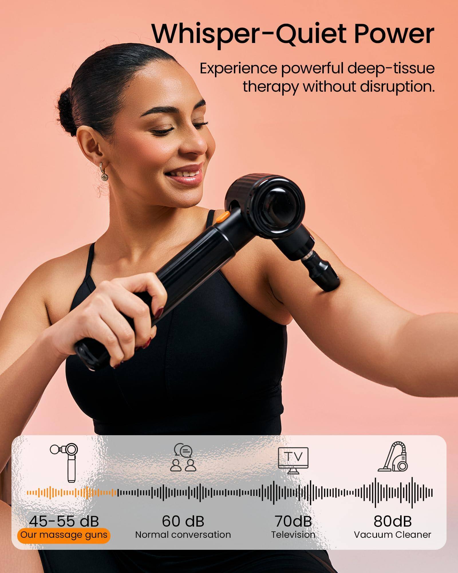 Whisper-Quiet Power  
Experience powerful deep-tissue therapy without disruption.

45-55 dB  
Our massage guns

60 dB  
Normal conversation

70 dB  
Television

80 dB  
Vacuum Cleaner