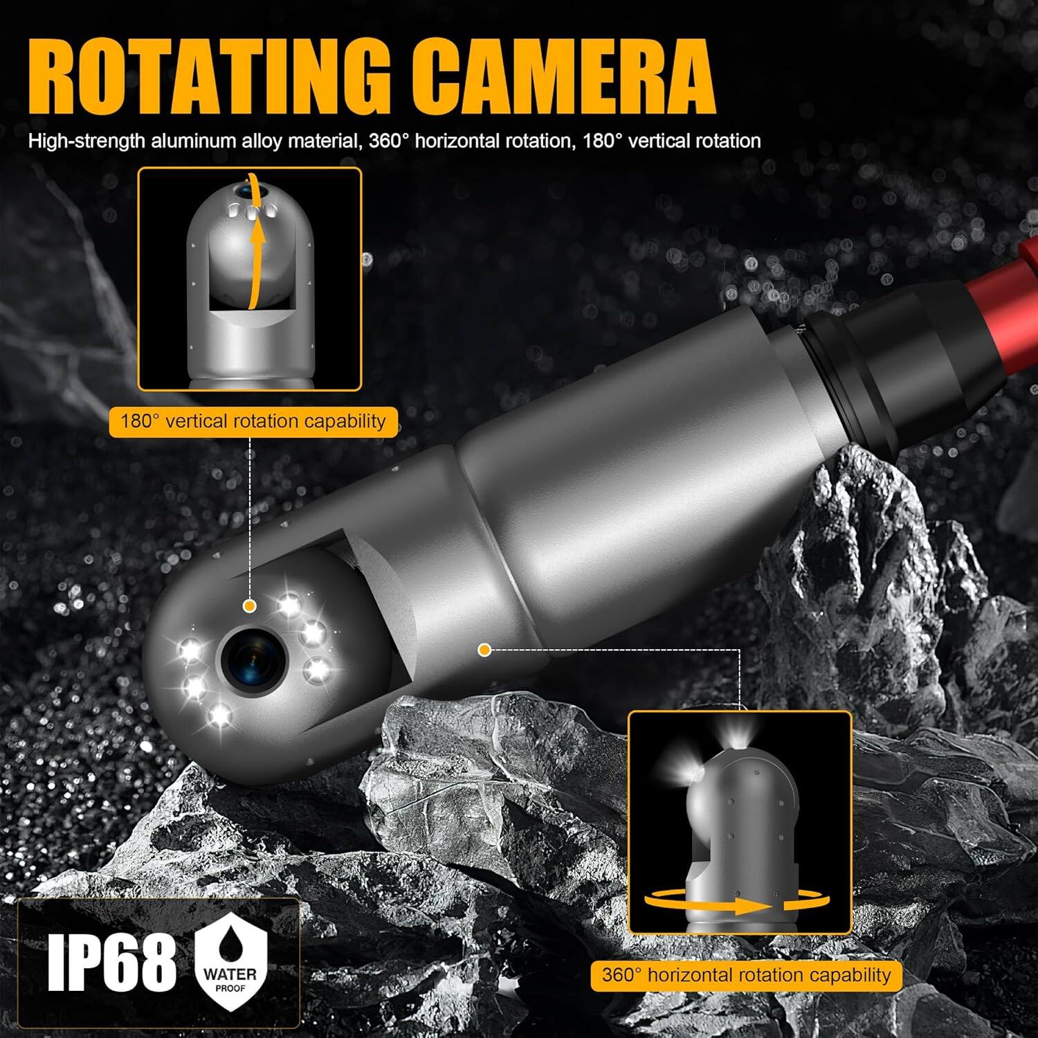 Back. Aukfa - Drain Camera with 360° Rotating Head - 7" HD Borescope, 3M Telescopic Pole, IP68 for Search/Rescue/Car Inspection.