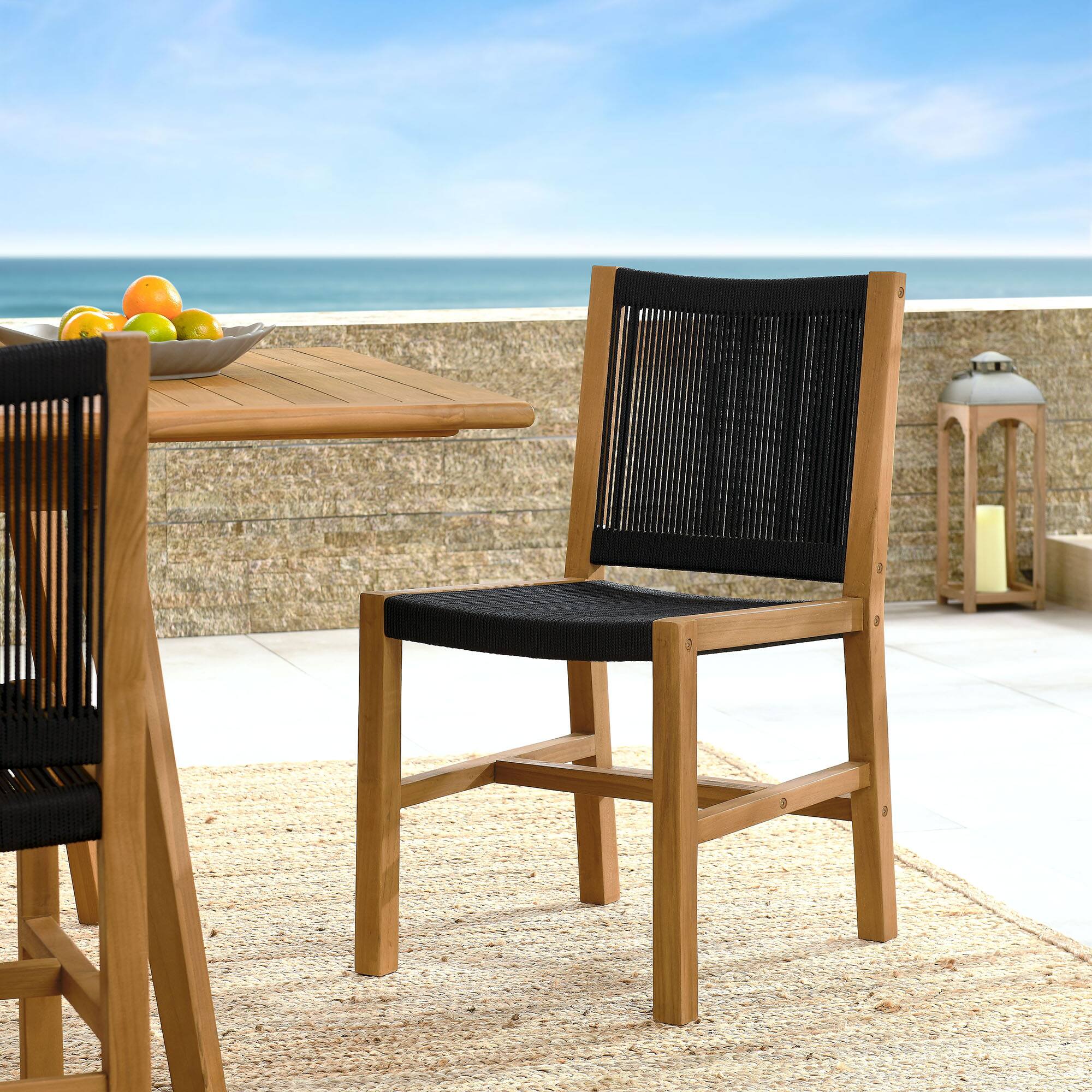 Vienna Outdoor Patio Teak and Rope Armless Dining Chairs Set of 2 by Modway - Natural Black