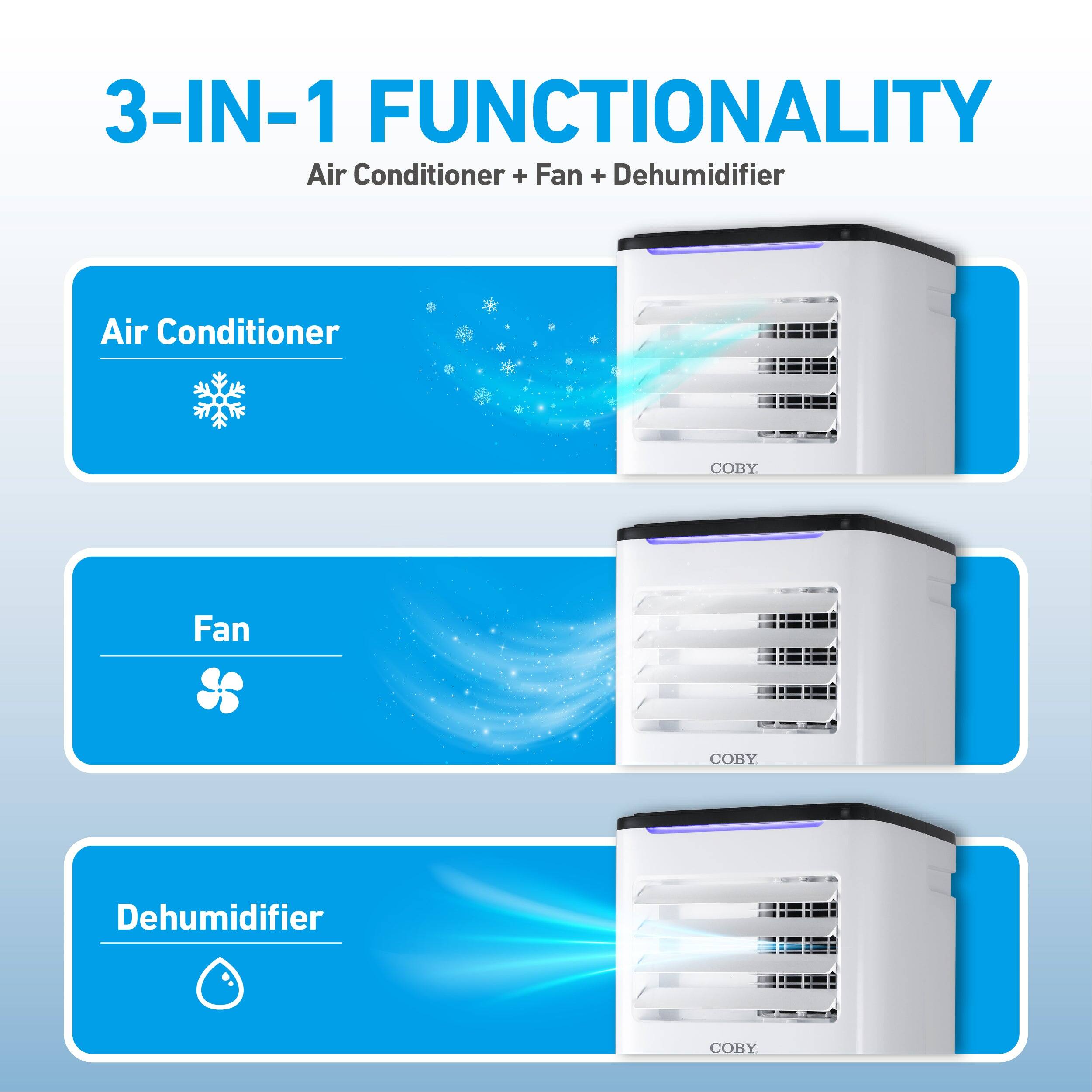 3-IN-1 FUNCTIONALITY  
Air Conditioner + Fan + Dehumidifier  

Air Conditioner  
Fan  
Dehumidifier  

COBY