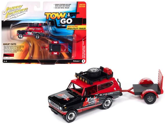 **JOHNNY LIGHTNING**
**TOW & GO**
**NEW CASTING! OPEN UTILITY TRAILER**
**LIMITED EDITION**
**VEHICLE FEATURES DIE-CAST LIMITED METAL BODY AND CHASSIS DIE-CAST METAL TRAILER**
**HAULIN' FACTS:**
- This is the first release using our all-new open utility trailer! This is a 4x6 open trailer with folding ramp!
- This is the first Johnny Lightning Scout II casting with a full roof!
- This is the first time Johnny Lightning has released this Scout II casting with a full roof and matching spare tire!
**Release 1**
**1979 International Scout II with open utility trailer**
**6+**
**2150 7310**
**Haulin' Red with Graphics**
**Xtreme Quads**