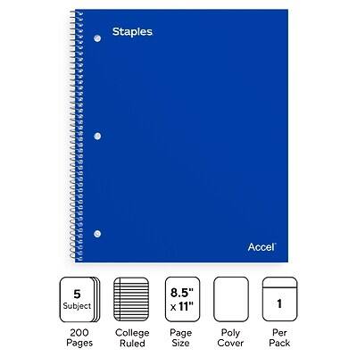 Staples Accel 5 Subject 8.5" x 11" 200 Pages College Ruled Page Size Poly Cover Per Pack