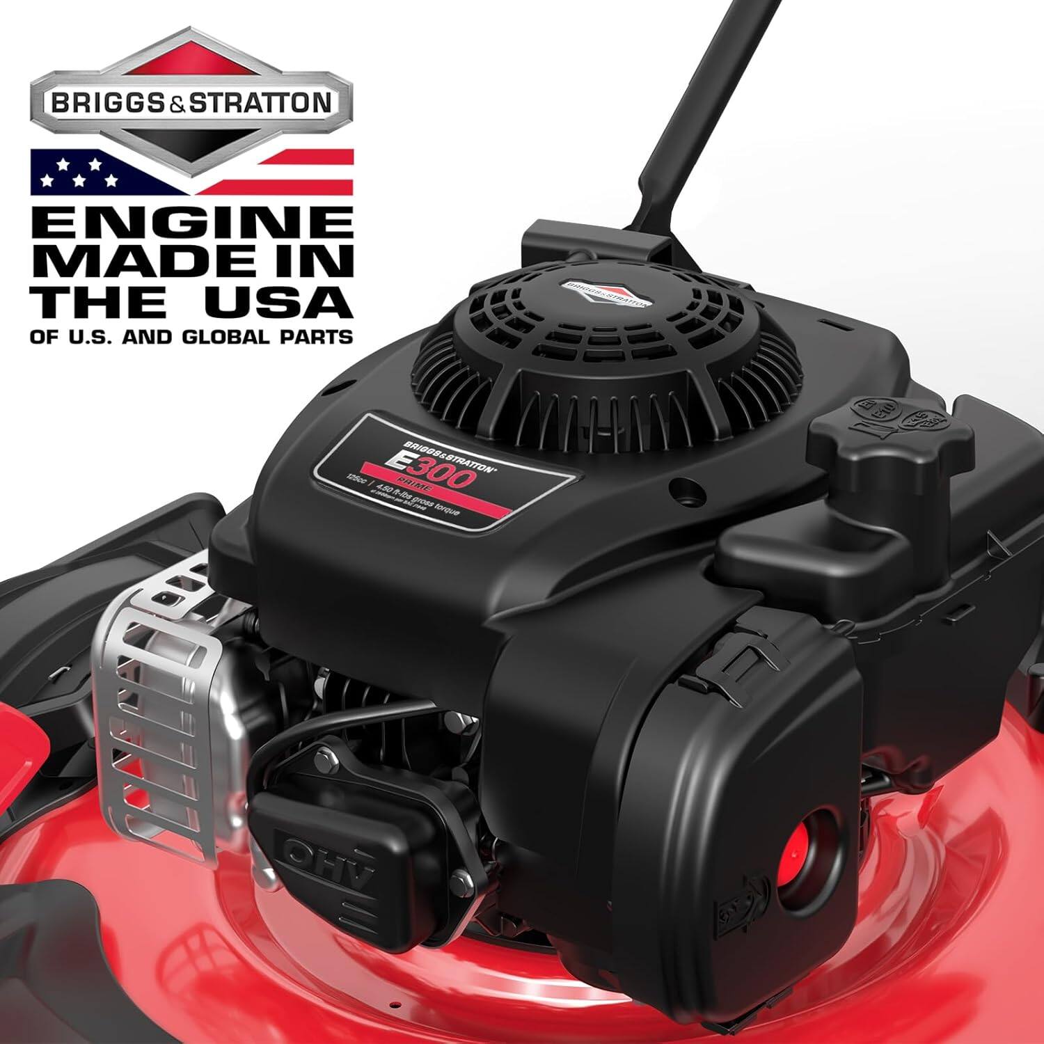 BRIGGS & STRATTON ENGINE MADE IN THE USA OF U.S. AND GLOBAL PARTS  
E300 STRATON W  
0A A b mr - 5 OHV