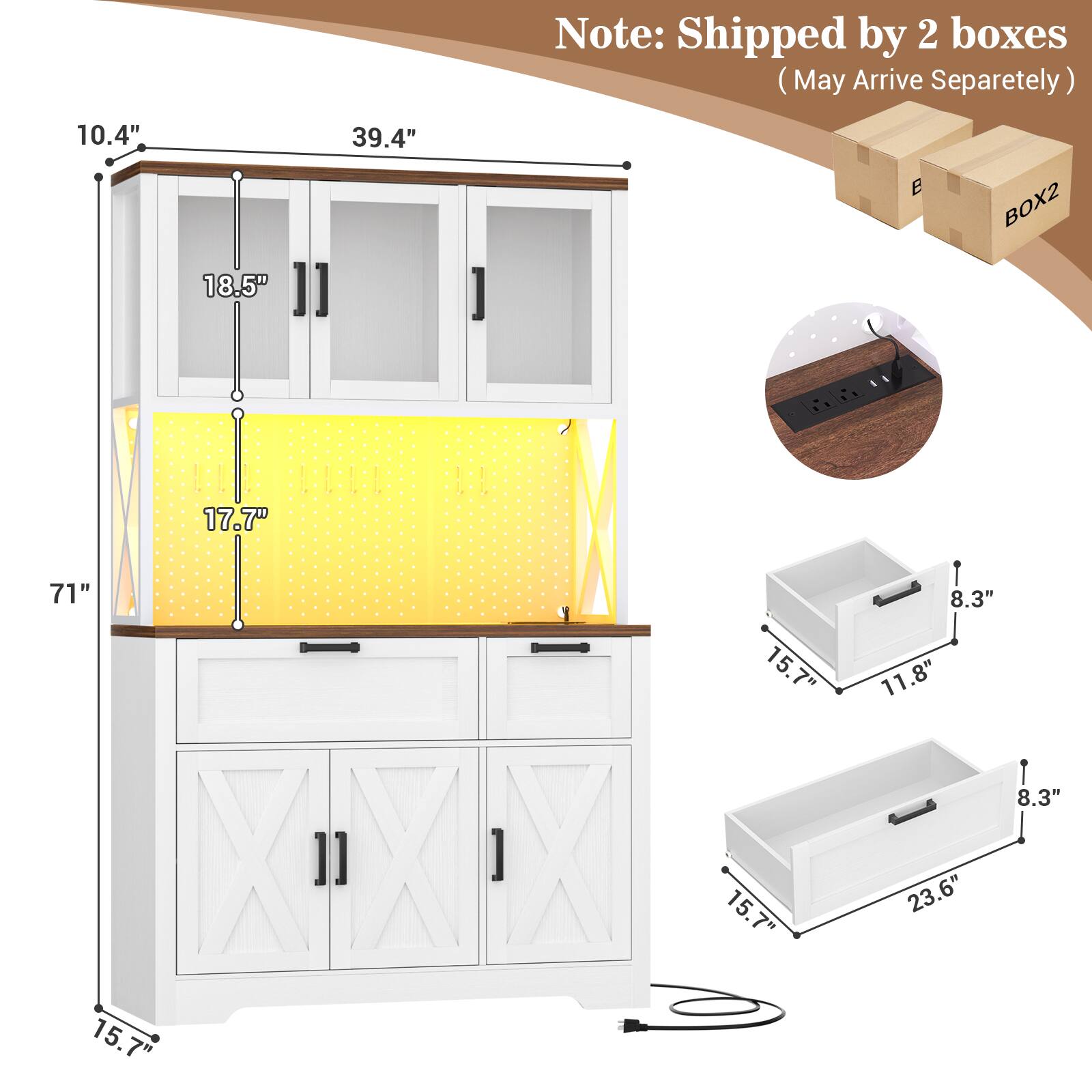 Note: Shipped by 2 boxes (May Arrive Separately)

- 10.4" x 39.4" x 18.5" (BOX2)
- 17.7" x 71" x 15.7" x 15.7" x 15.7"
- 8.3" x 11.8" x 8.3" x 23.6"
