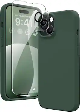 Entronix - Complete Protection Bundle for iPhone 15 Plus - Liquid Silicone Case with Screen & Camera Protectors - Green