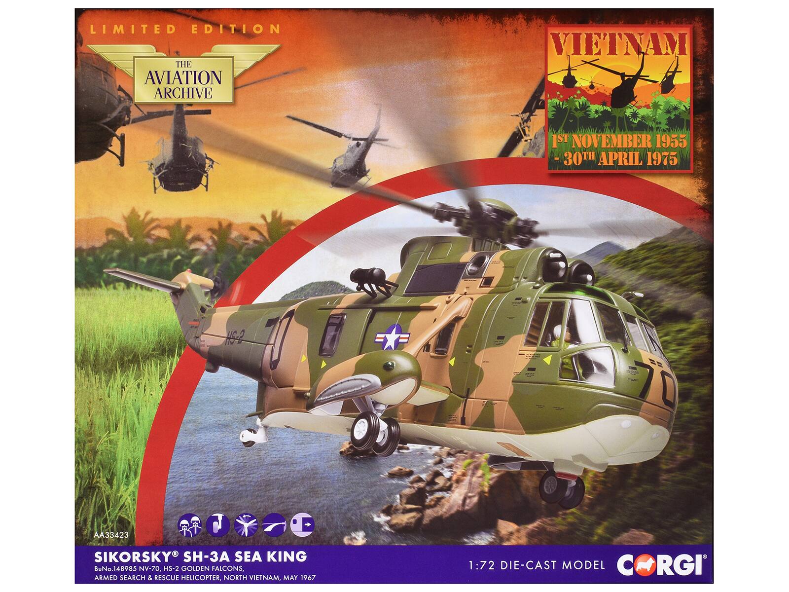 LIMITED EDITION  
THE AVIATION ARCHIVE  

VIETNAM  
1ST NOVEMBER 1955 - 30TH APRIL 1975  

AA33423  
SIKORSKY® SH-3A SEA KING  
BuNo.148985 NV-70, HS-2 GOLDEN FALCONS, ARMED SEARCH & RESCUE HELICOPTER, NORTH VIETNAM, MAY 1967  
1:72 DIE-CAST MODEL  

CORGÍ
