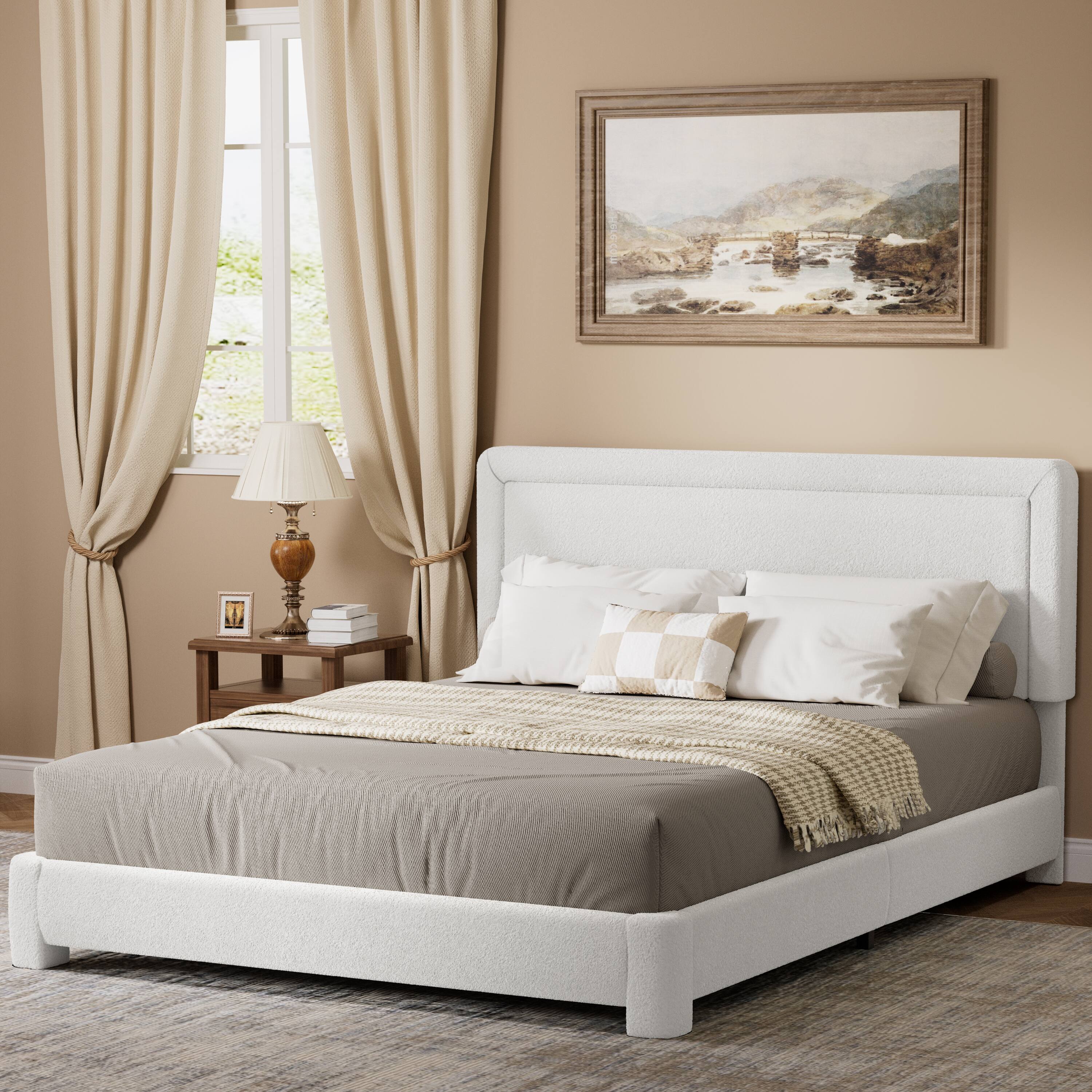 Back. Dyonery - Dyonery King-size bed frame, modern White bed frame with adjustable headboard, rounded soft corners,easy assembly. - White.