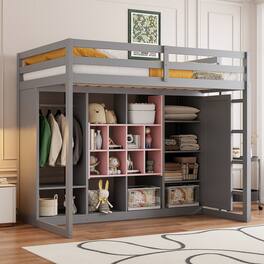Anysun - Twin Size Wood Loft Bed with Wardrobe, shelves and Cabinet - Gray