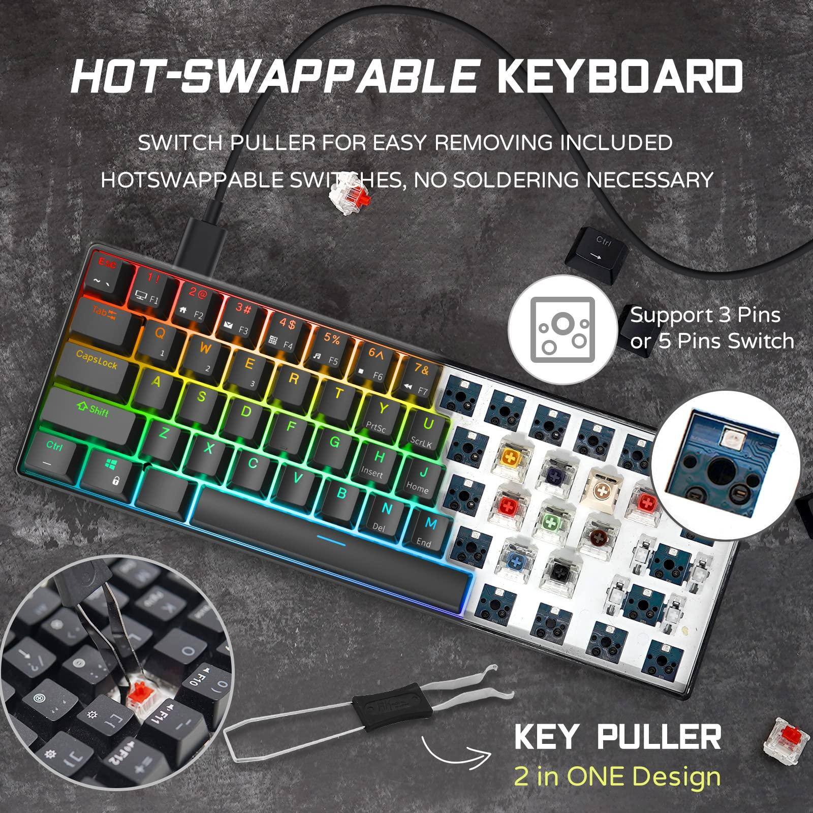 HOT-SWAPPABLE KEYBOARD  
SWITCH PULLER FOR EASY REMOVING INCLUDED HOTSWAPPABLE SWITCHES, NO SOLDERING NECESSARY  

Support 3 Pins or 5 Pins Switch  

KEY PULLER  
2 in ONE Design